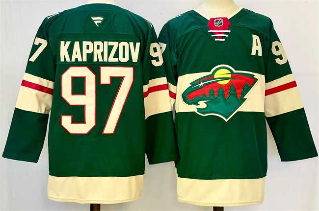 Mens Minnesota Wild #97 Kirill Kaprizov Green 2024-25 With Patch Home Stitched Hockey Jersey